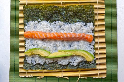 Open sushi at bamboo ready to roll
