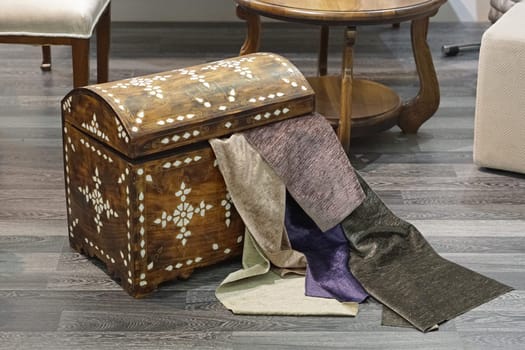 Old style chest trunk with linen cloth