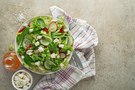 Lettuce salad with mixed vegetables and fresh cheese curd close up
