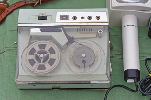 Old portable reel to reel audio tape recording