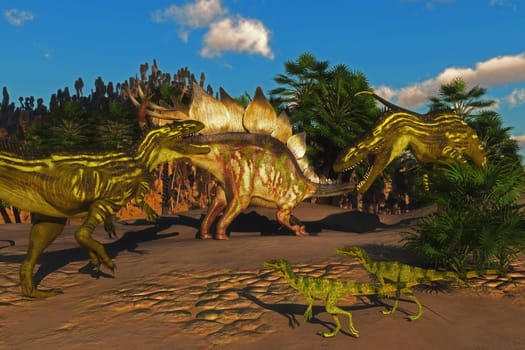 Small Juravenator reptiles watch as a Stegosaurus tries to defend itself from two Torvosaurus dinosaurs.