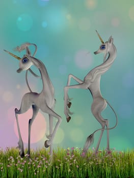 Two cartoon unicorn creatures dance in a meadow full of flowers in a fantasy scene.