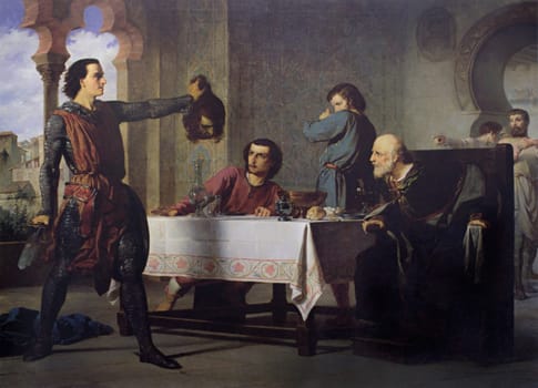 The first feat of El Cid by Juan Vicens Cots, 1864. Young Rodrigo Diaz presenting to his father the head of Count Lozano. Museo del Prado, Spain