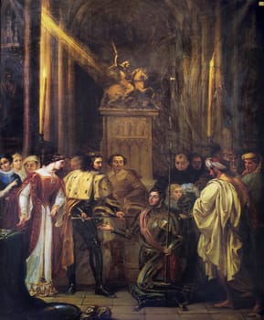 Rodrigo Diaz El Cid is knighted by the King Ferdinand I of Leon by Jose Castelaro y Perea, 1831. San Fernando Royal Academy, Spain