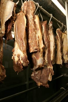 itamaraju, bahia / brazil - november 18, 2010: salted beef is seen for sale at a fair in the city of Itamaraju.