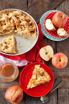 Delicious homemade apple pie on a red plate