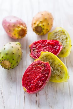 Prickly pear (Opuntia ficus-indica) on wooden background.