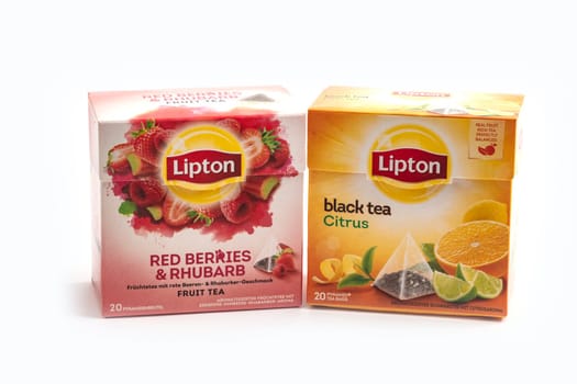 WETZLAR, GERMANY - 2020-08-19 Box of Red Berries & Rhubarb and black citrusTea. Studio shot, isolated on white background.