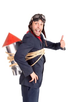 Businessman with homemade rocket and googles ready for a challenge