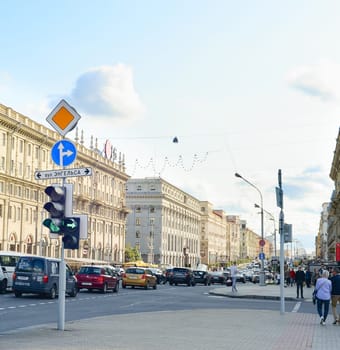 MINSK, BELARUS - JULY 17, 2019:People walking by central street - Independence avenue. Independence Avenue is the main street of Minsk, the capital of Belarus