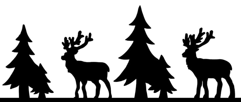 Cut out deer figure made of wood with dark edges and wooden fir trees isolated on white