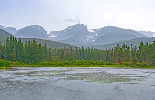 Viewing the High Peaks on a Rainy Day in the Mountains in Rocky Mountain National Park in Colorado