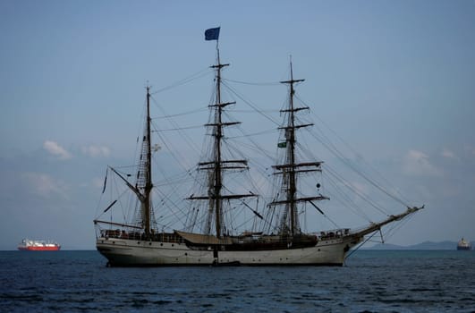 salvador, bahia / brazil - october 26, 2014: sailing ship is seen stopped in waters of Baia de Todos os Santos in the city of Salvador.