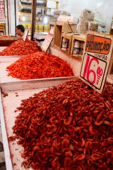 salvador, bahia / brazil - december 210, 2019: Dried shrimp sold at the Sao Joaquim Fair in the city of Salvador.