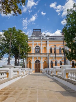 The Manuc Bei mansion, an architectural, culture and historic complex with museum, winery and other edifices located in Hincesti city, Moldova. Manuc Bey palace facade and yard in a sunny summer day..