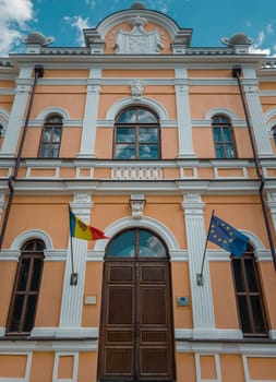 The main door and facade  of the Manuc Bei mansion. Manuc Bey palace, architectural, culture and historic complex with museum, winery and other edifices located in Hincesti city, Moldova..