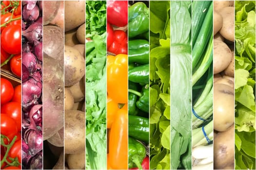 Collage Of Photos With Healthy Organic Vegetables. Collection Of Healthy Fresh Food Backgrounds.