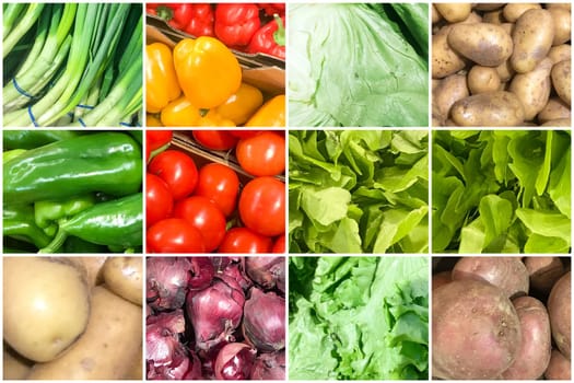 Collage Of Photos With Healthy Organic Vegetables. Collection Of Healthy Fresh Food Backgrounds.