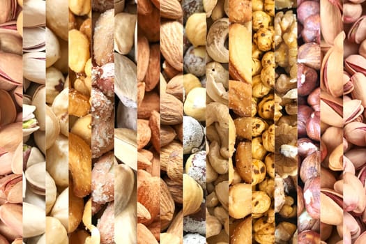 Collage Of Photos With Healthy Organic Mixed Nuts. Collection Of Healthy Fresh Food Backgrounds.