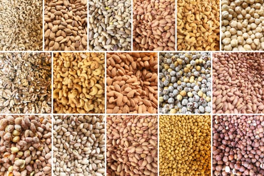 Collage Of Photos With Healthy Organic Mixed Nuts. Collection Of Healthy Fresh Food Backgrounds.