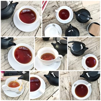 Teapot Pouring Drink In Cup On Table. Pouring Tea British Style. Kettle Pouring Tea In Cup.