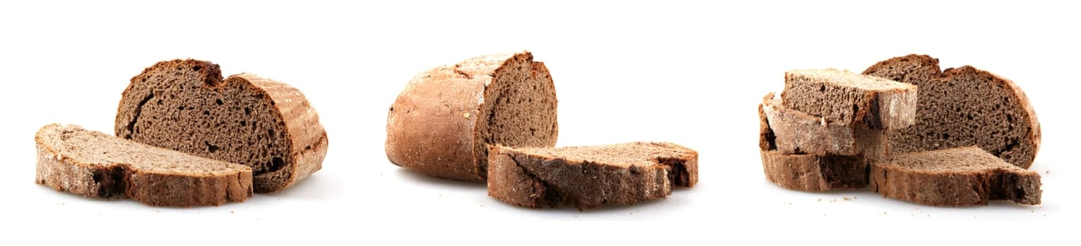 Fresh black sliced bread on white background. Rye bread is a type of bread made with various proportions of flour from rye grain.