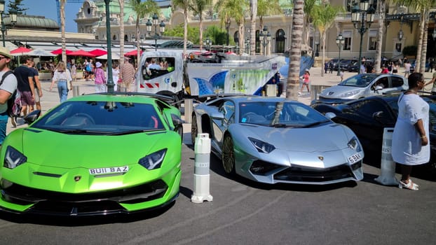 Monte-Carlo, Monaco - August 8, 2020: Lamborghini Aventador And Lamborghini Huracan, Two Luxurious Supercars Parked On The Casino Square In Monte-Carlo, Monaco, Europe .
