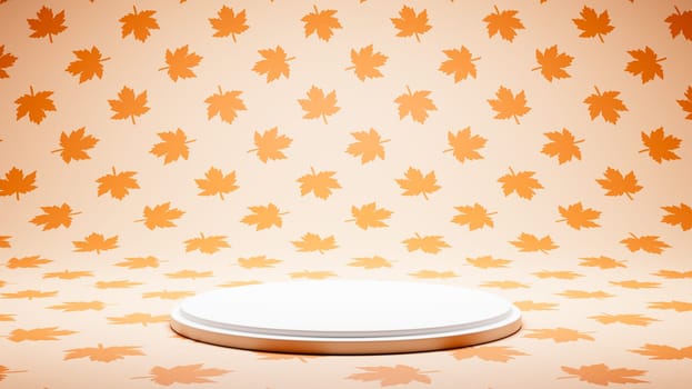 Empty White Platform on Orange Leaves Pattern Studio Background 3D Render Illustration