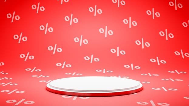 Empty White Platform on Red and White Percent Sign Pattern Studio Background 3D Render Illustration