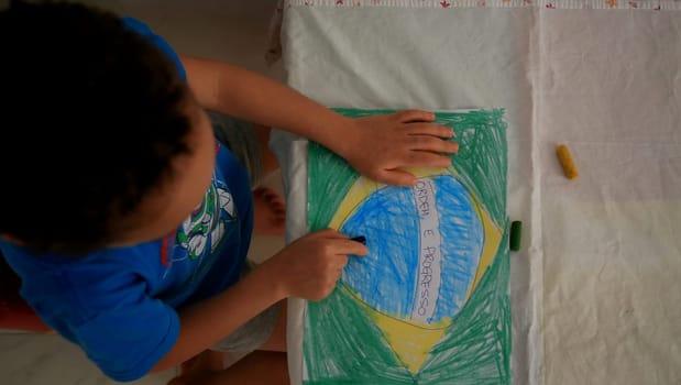 salvador, bahia / brazil - september 3, 2020: child paints pabeira do Brasil with crayons at his home in the city of Salvador.