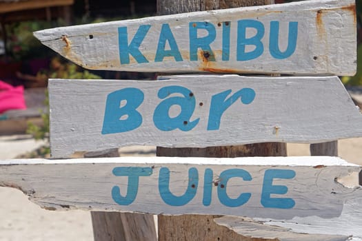 Zanzibar, Tanzania - July 17, 2017: Karibu bar juice sign in Zanzibar, Tanzania.