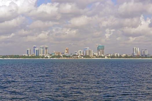 Dar es Salaam, Tanzania - July 16, 2017: Dar es Salaam cityscape panorama from sea, Tanzania.