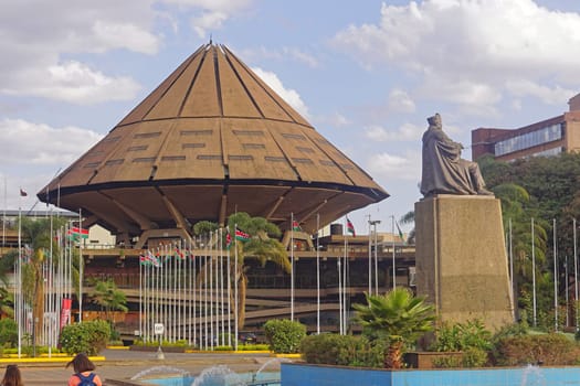 Nairobi, Kenya - July 09, 2017: International Convention Centre and Kenyatte sculpture in Nairobi, Kenya.