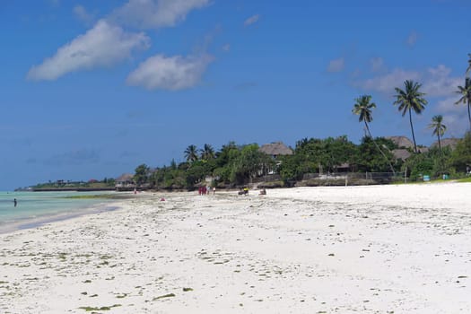 Zanzibar, Tanzania - July 17, 2017: White sand beach in east Zanzibar, Tanzania.