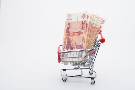There is a bundle of Russian money in the grocery cart