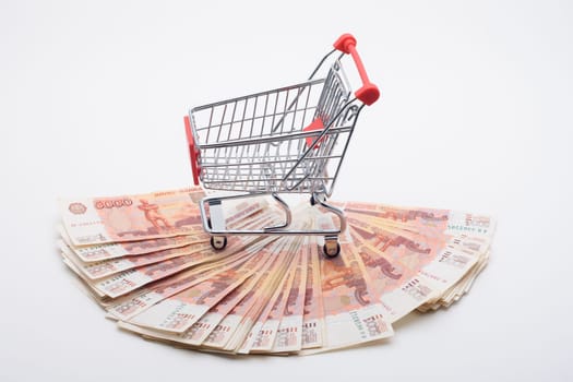 There is a grocery cart on a stack of five thousandth bills