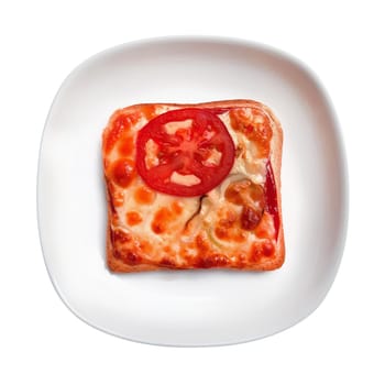 Tasty homemade sandwich with cheese and tomato on white plate. Isolated with clipping path on white background. Flat lay.