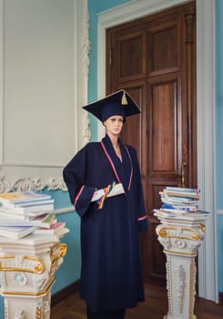 Student mannequin, inside a library, dressed as a graduate with a black academic cap and gown, holding a diploma in hand. Beautiful ornate ancient pillars with different books. Education concept.