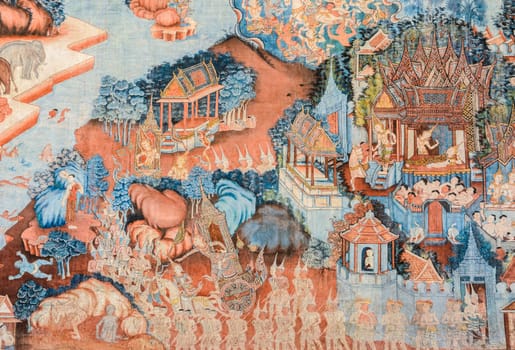 PHATTHALUNG, THAILAND - APRIL 30, 2016 : Ancient Buddhist temple mural painting of the life of Buddha inside of Wat Wang in Phatthalung province ,Thailand