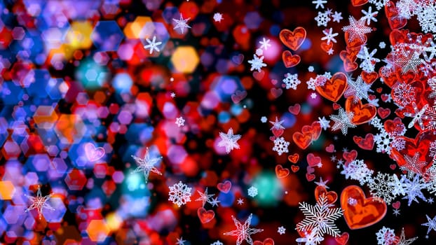 Set of hearts and snowflakes with a colored bokeh backdrop as a symbol of romantic love for the congratulations on Valentine's Day in february and winter weddings. Abstract horizontal background.