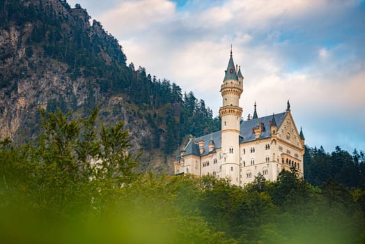 Beautiful view of world-famous Neuschwanstein Castle, the nineteenth-century Romanesque Revival palace built for King Ludwig II on a rugged cliff near Fussen, southwest Bavaria, Germany, Europe