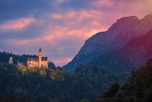 Beautiful view of world-famous Neuschwanstein Castle, the nineteenth-century Romanesque Revival palace built for King Ludwig II on a rugged cliff near Fussen, southwest Bavaria, Germany, Europe