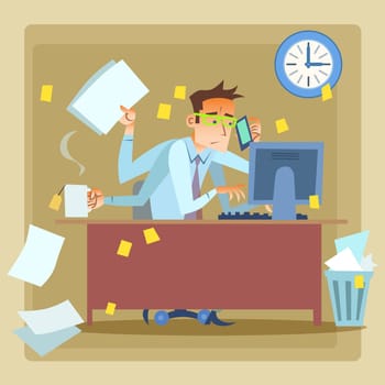 Businessman very busy at work doing several things at once