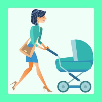 Young modern mother with a pram walking down the street
