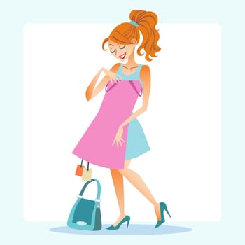 Girl young woman chooses to dress store shopping discounts purchase