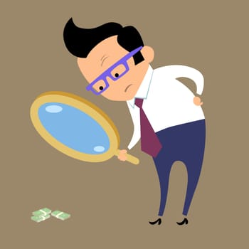 Earnings Finance and business. Businessman looking for money in magnifying glass