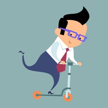 Businessman or excellence in glasses rides a scooter
