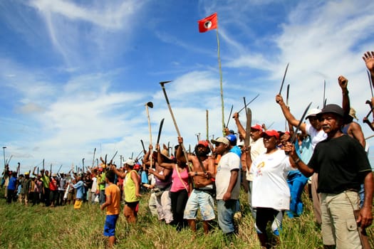 eunapolis, bahia / brazil - april 8, 2009: members of the Movimento Sente Terra - MST - are seen during the occupation of a farm invaded in the rural area of the municipality of Eunapolis....
