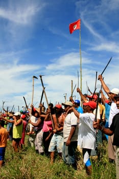 eunapolis, bahia / brazil - april 8, 2009: members of the Movimento Sente Terra - MST - are seen during the occupation of a farm invaded in the rural area of the municipality of Eunapolis....