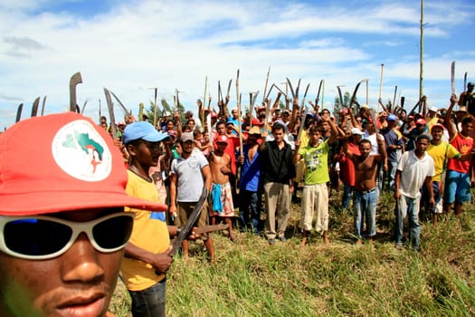 eunapolis, bahia / brazil - april 8, 2009: members of the Movimento Sente Terra - MST - are seen during the occupation of a farm invaded in the rural area of the municipality of Eunapolis....
